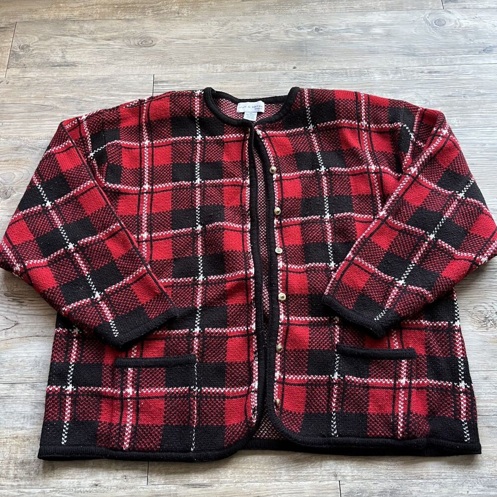 Croft & Barrow Plaid Sweater Cardigan 2X Vintage Red Black Cabin Cozy Winter